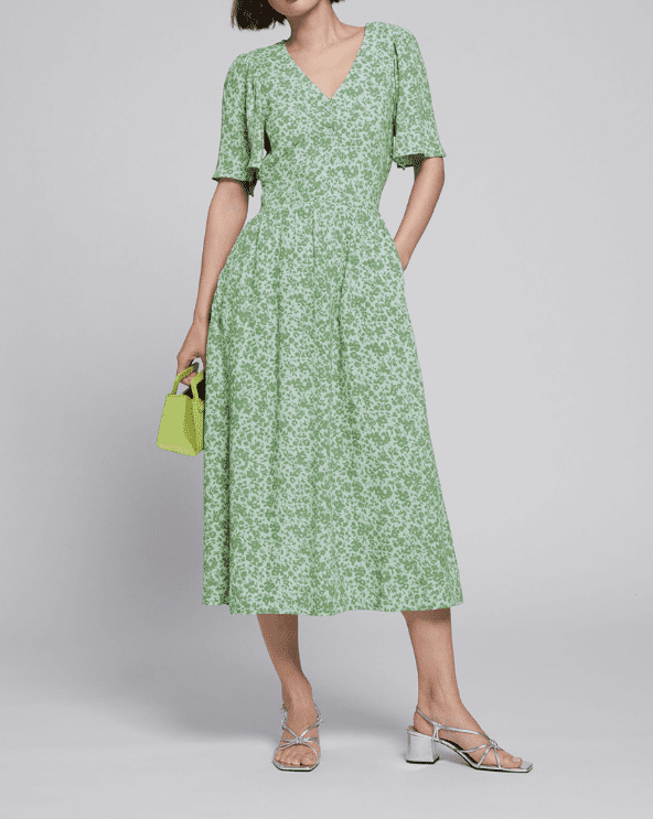 Green Floral Flutter Sleeve Midi Dress