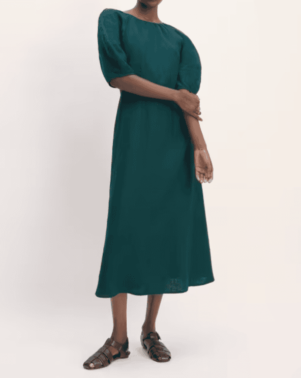 Linen Short-Sleeve Scoop Midi Dress